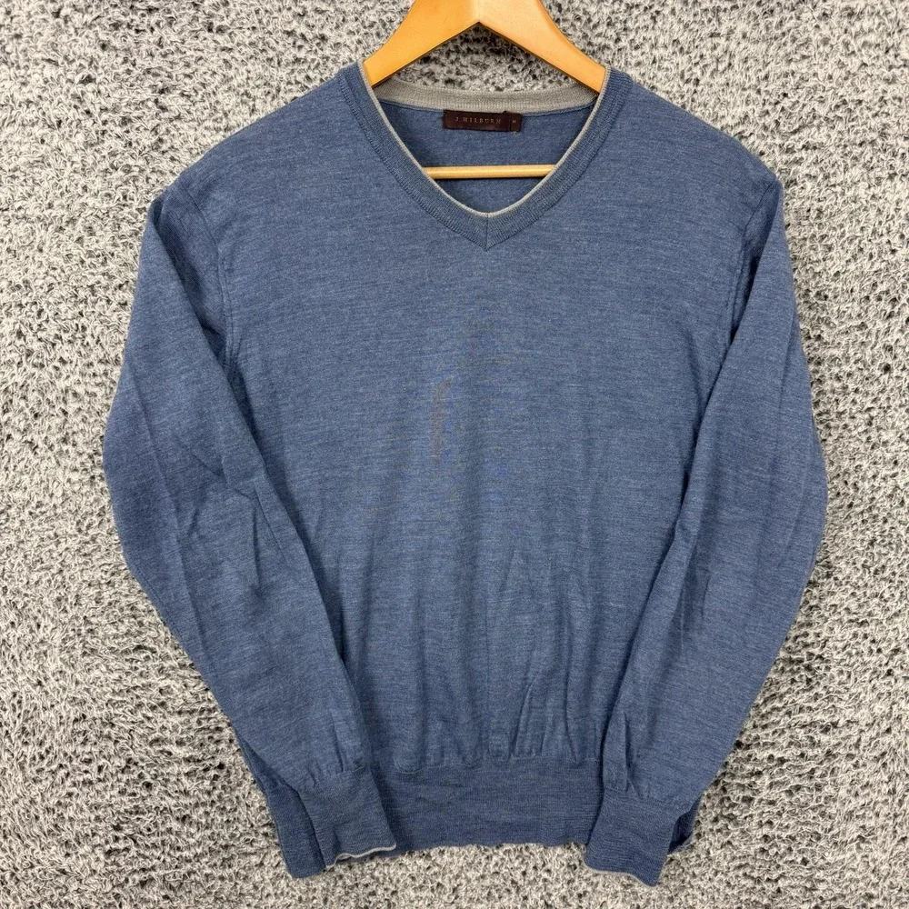 J Hilburn Sweater Mens Medium Blue Wool Cashmere V Neck Lightweight Knit M